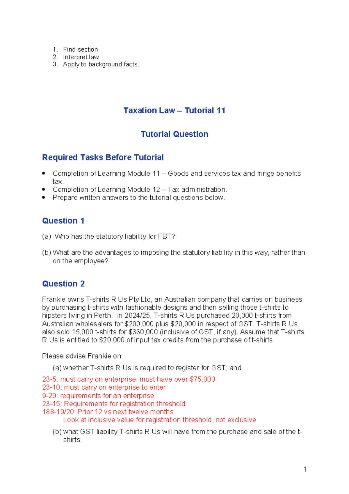 Taxation Law Tutorial 11 - GST & FBT Analysis and Answers - Studocu