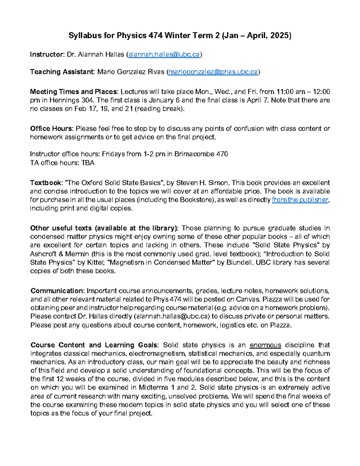 PHYS474 Winter 2025 Syllabus: Course Overview and Key Topics - Studocu