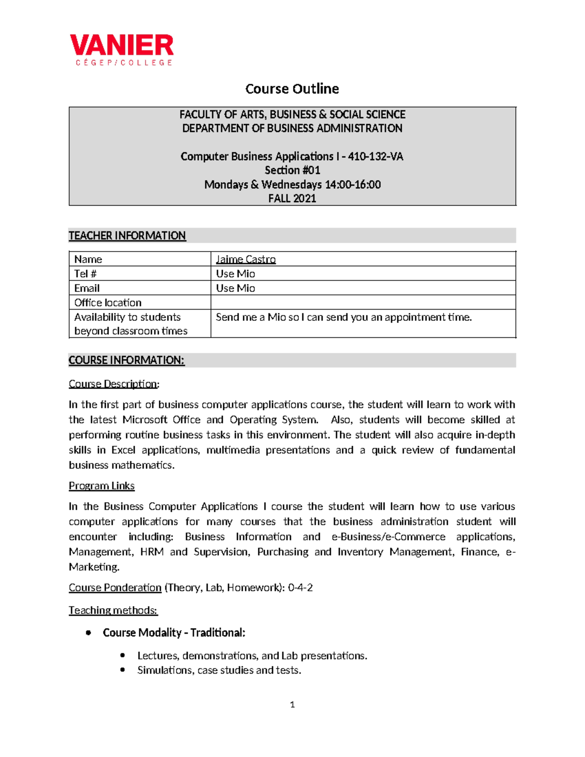 F21 Computer Business Applications I - Course Outline and Details - Studocu
