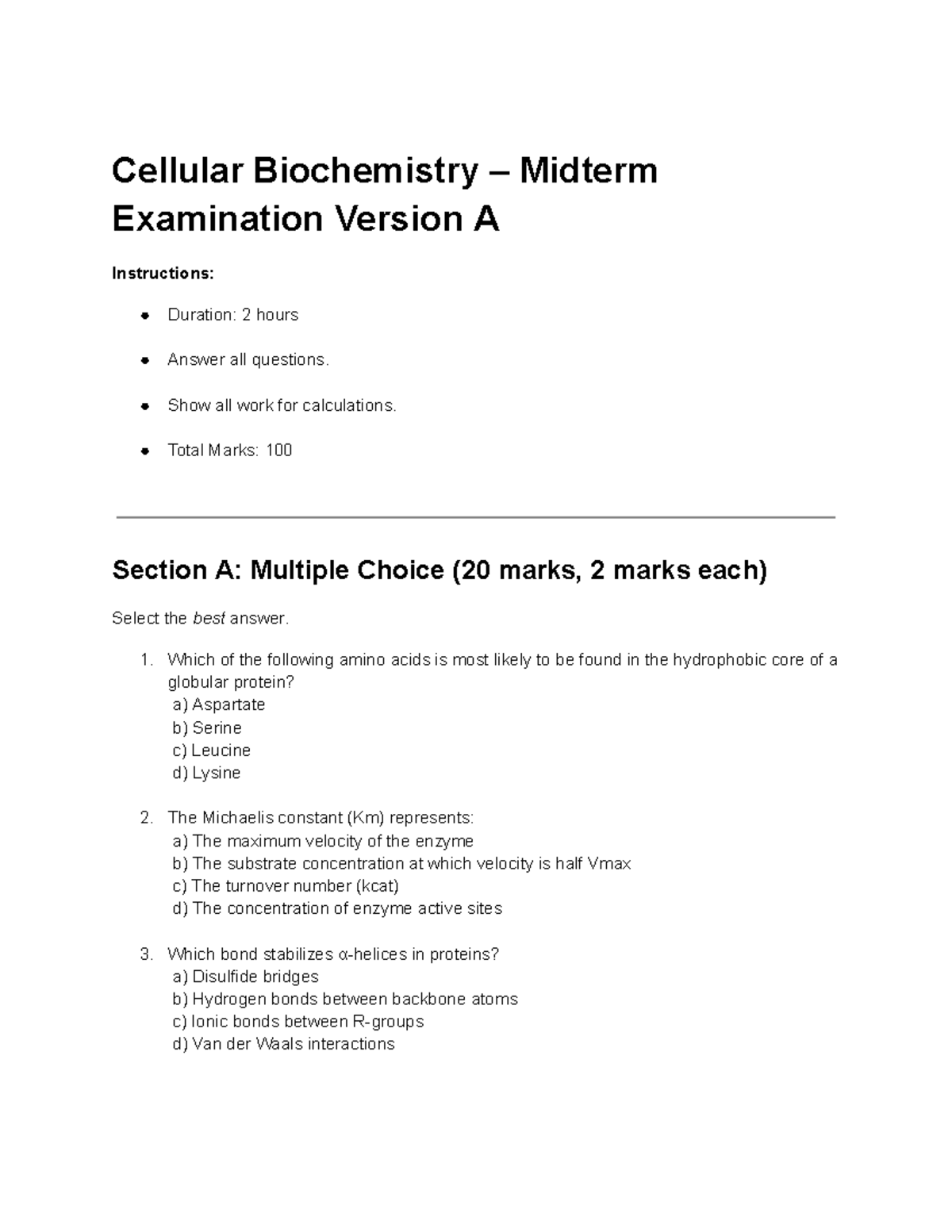 Cellular Biochemistry - Midterm Exam Version A Questions - Studocu