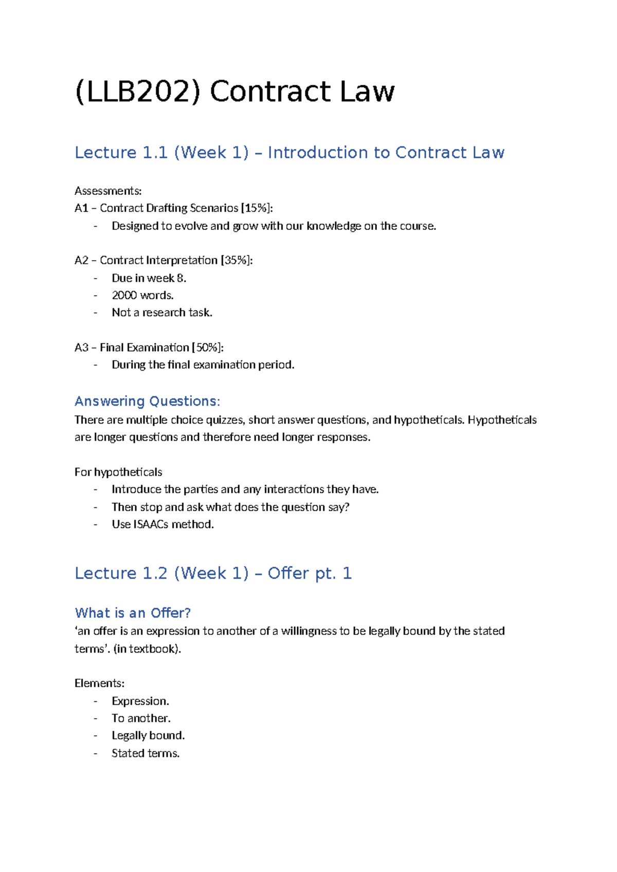 (LLB202) Contract Law Lecture Notes: Week 1 to Week 3 Overview - Studocu