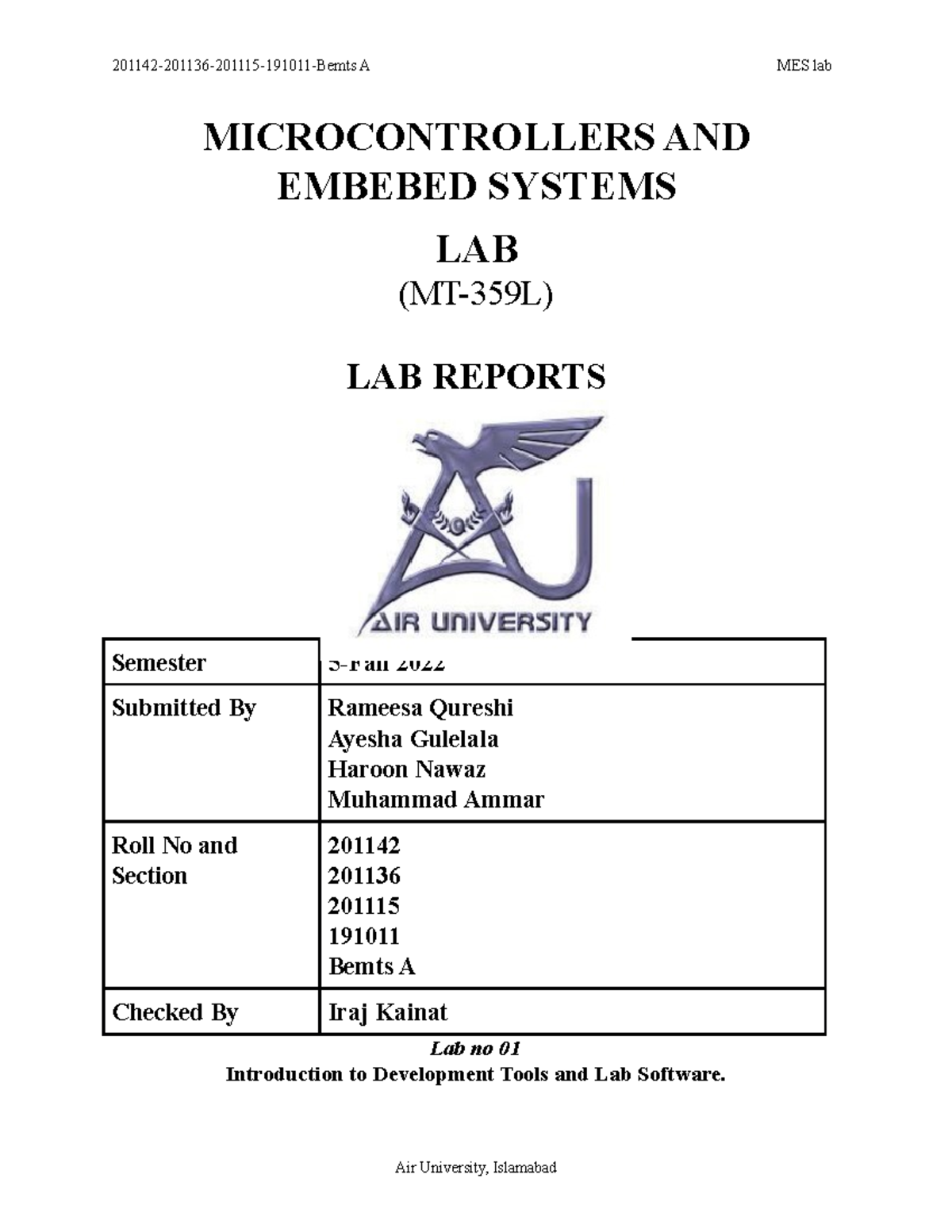 MT-359L Microcontrollers & Embedded Systems Lab Report 1 - Fall 2022 ...
