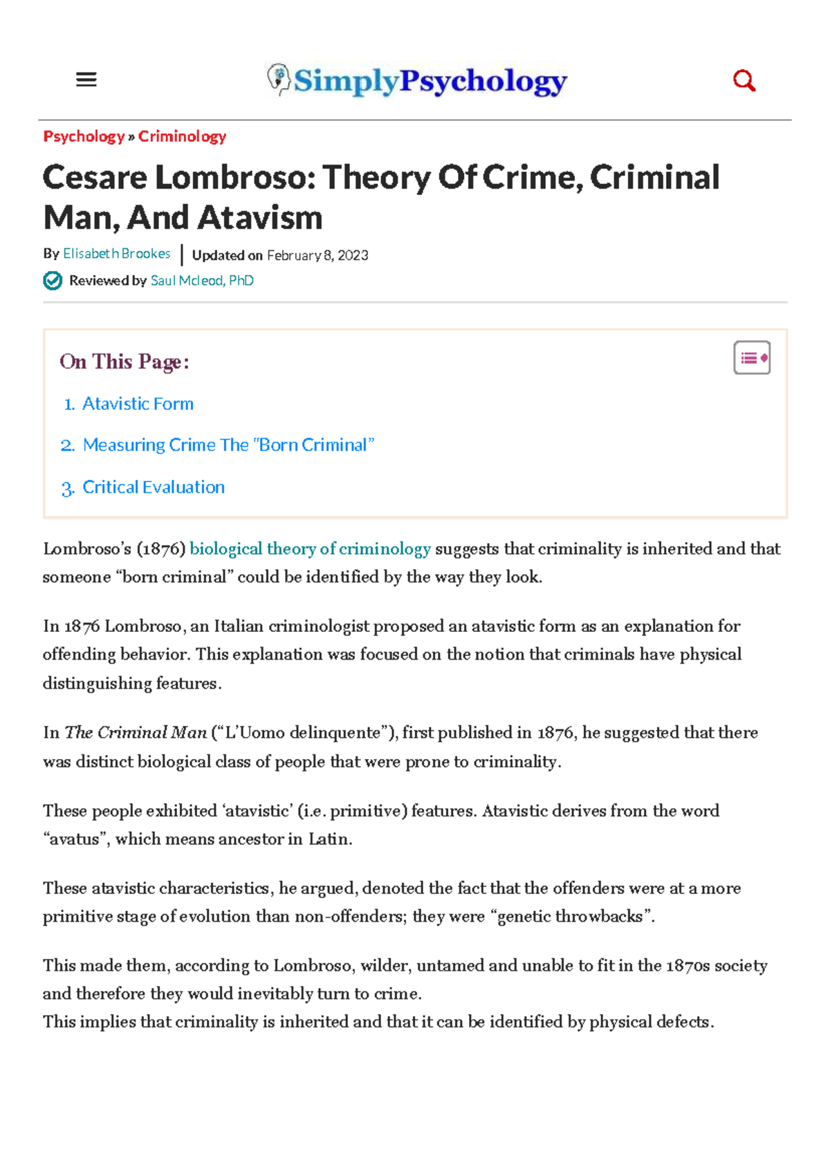 Psychology 101: Cesare Lombroso's Atavistic Theory of Crime - Studocu