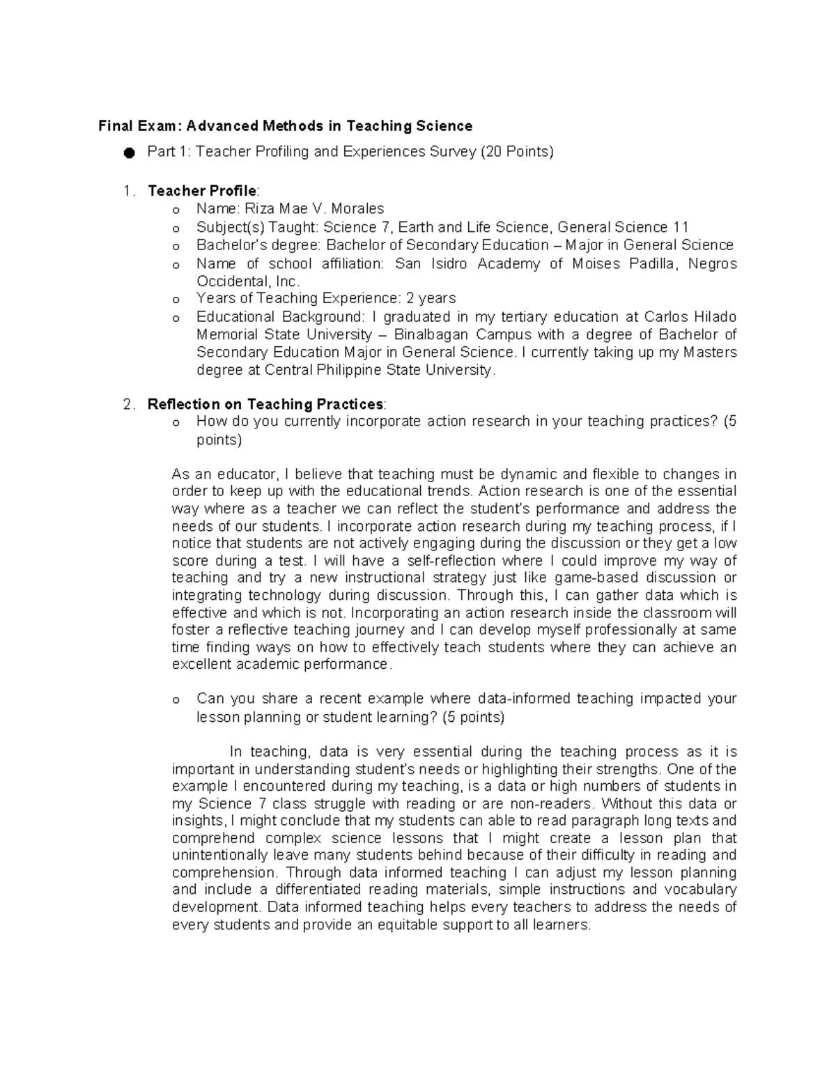 Final Exam: Advanced Methods in Teaching Science - Teacher Profiling ...