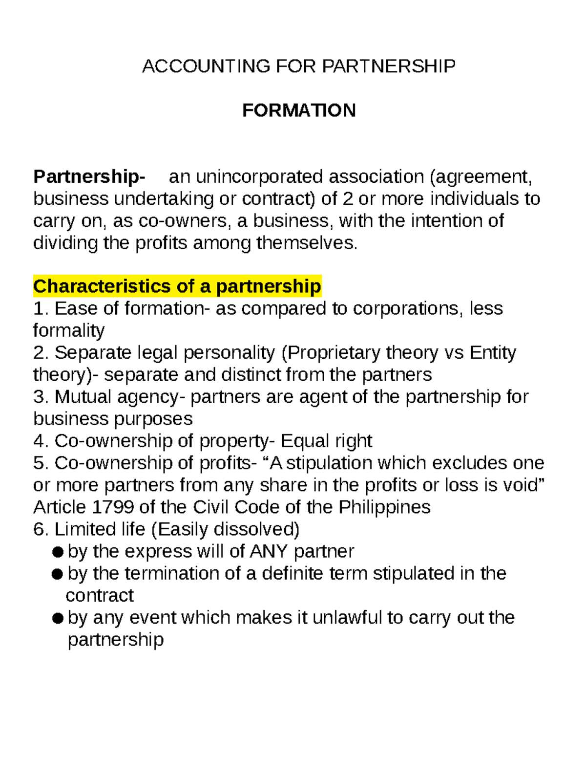 Formation of Partnerships: Key Concepts and Accounting (ACCT101) - Studocu