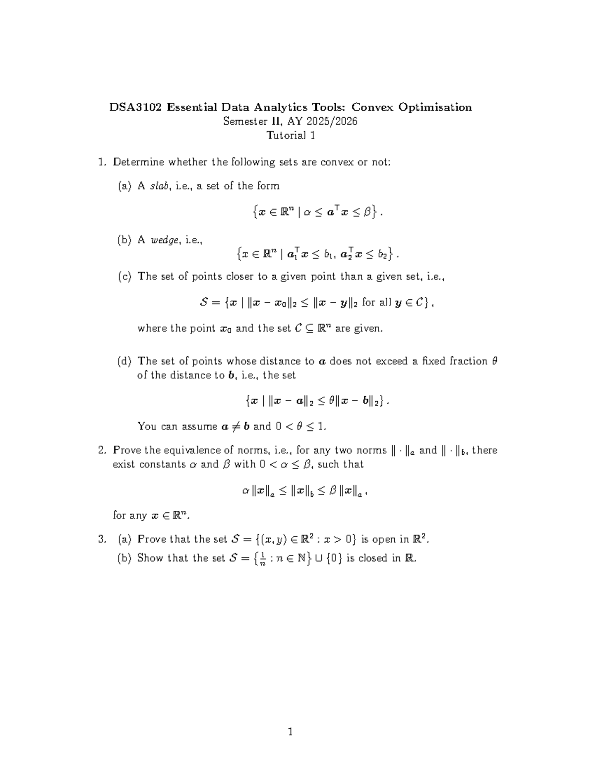 DSA3102 Tutorial 1 Solutions: Convex Sets & Norm Equivalence - Studocu