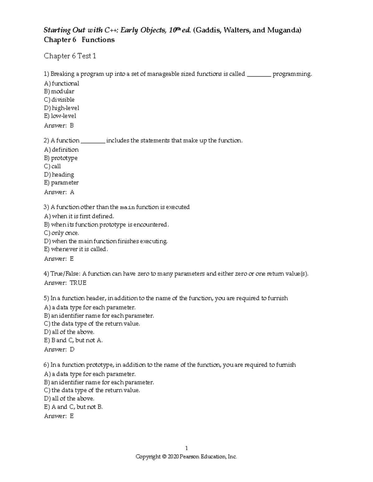 C++ Programming Functions: Chapter 6 Review & Test Guide - Studocu