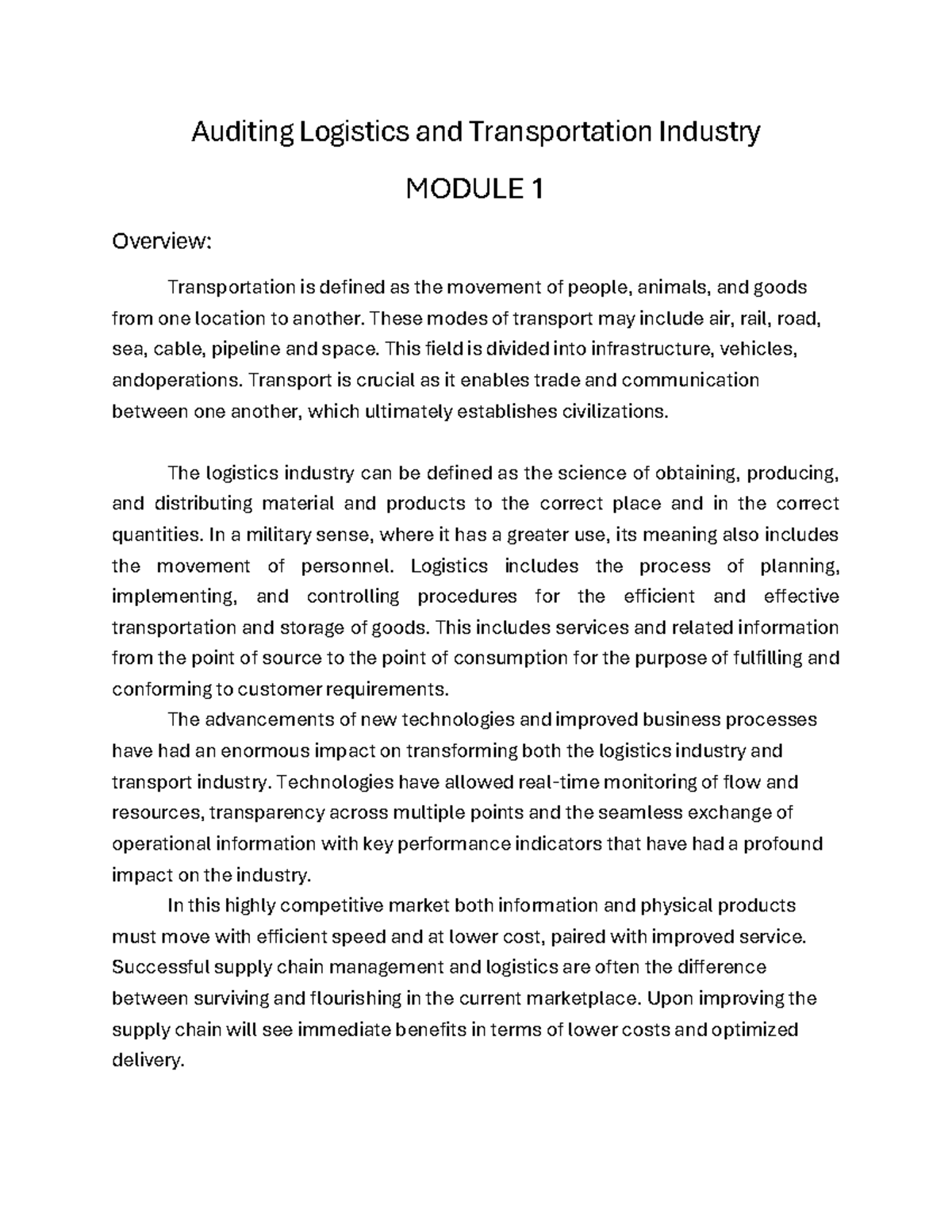 Auditing Logistics and Transportation Industry: MODULE 1 Overview and ...