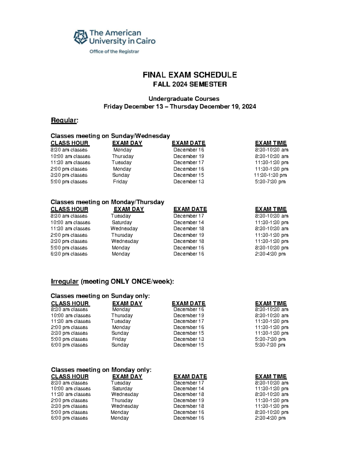 Final Exam Schedule for Fall 2024 - Undergraduate Courses - Studeersnel