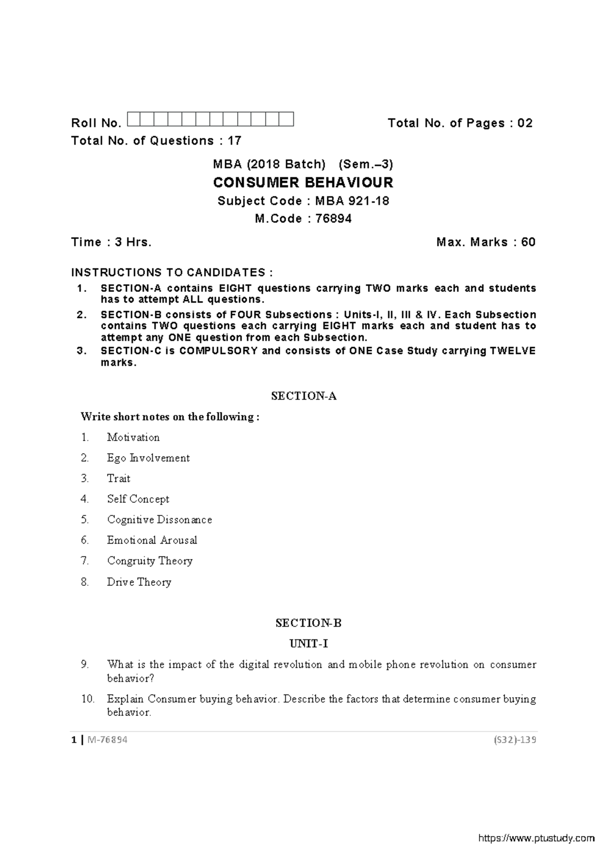 MBA 3 Sem Consumer Behaviour Exam 76894 Jan 2021 Guide - Studocu