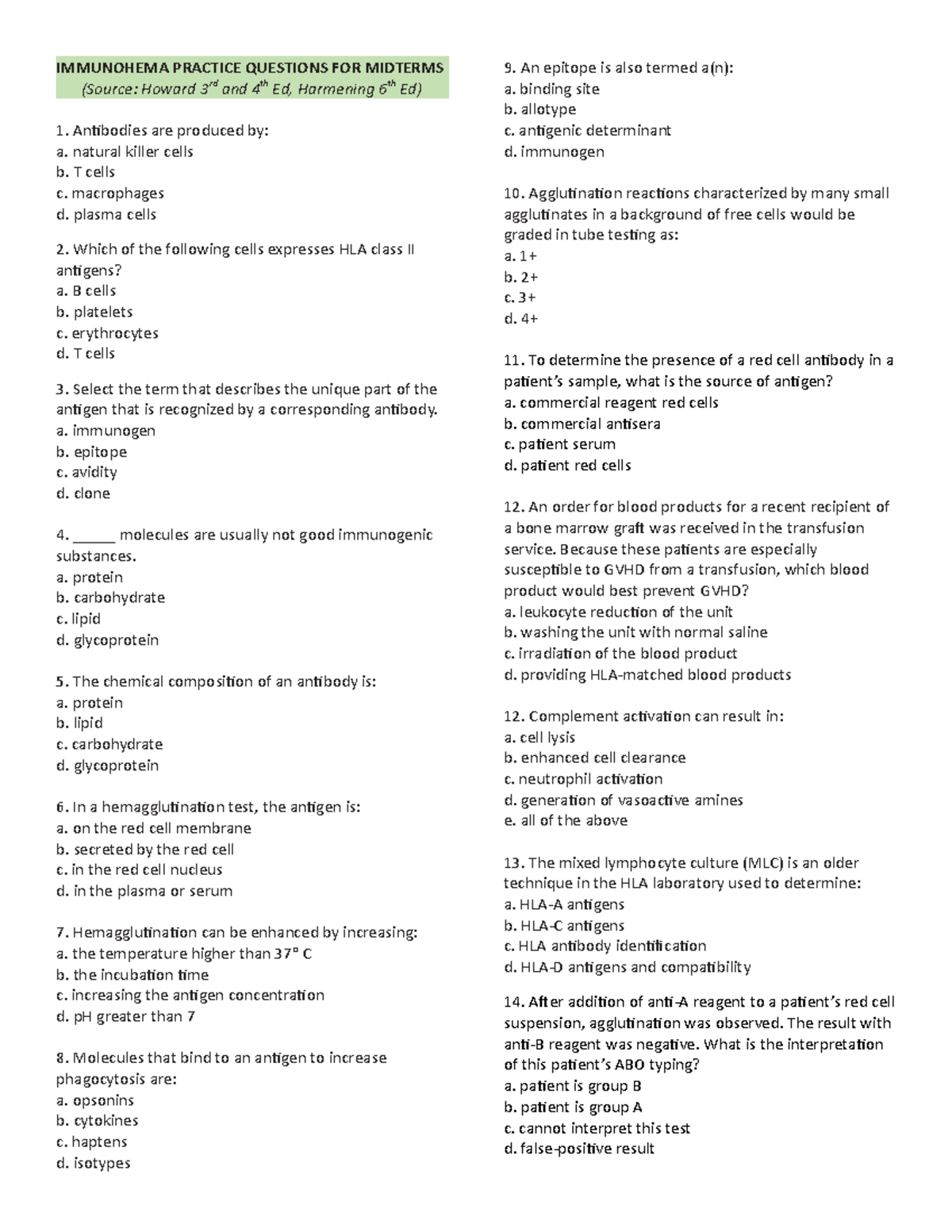 IMMUNOHEMA MIDTERM PRACTICE QUESTIONS AND ANSWERS - Studocu