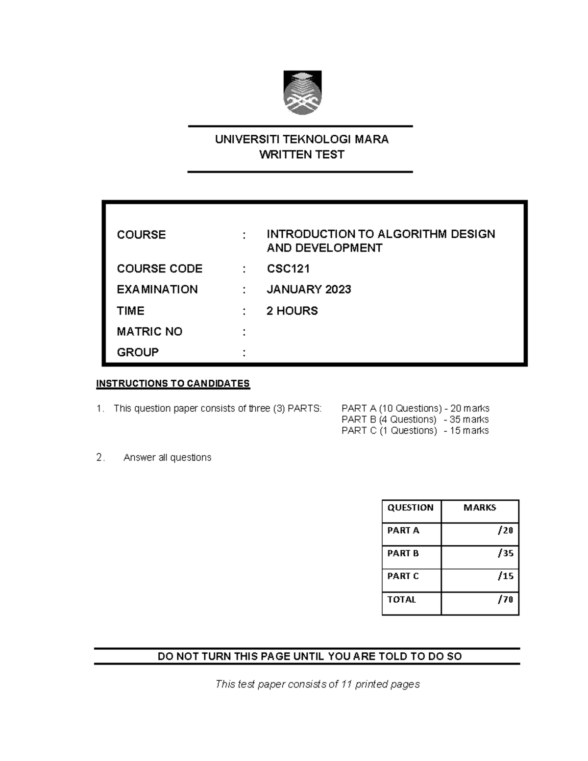 CSC121 Written Test: Introduction to Algorithm Design - Jan 2023 - Studocu