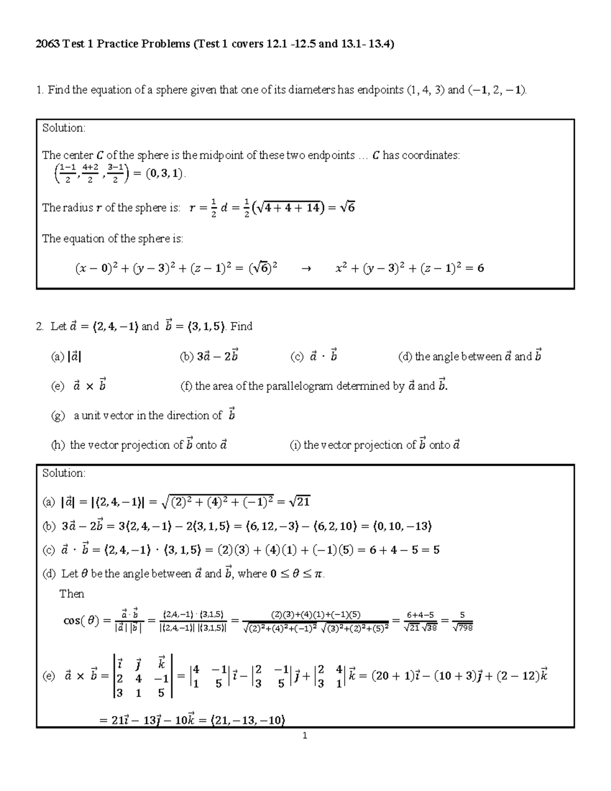 2063 Calc 3 Test 1 Practice Problems: Sphere and Vectors - Studocu