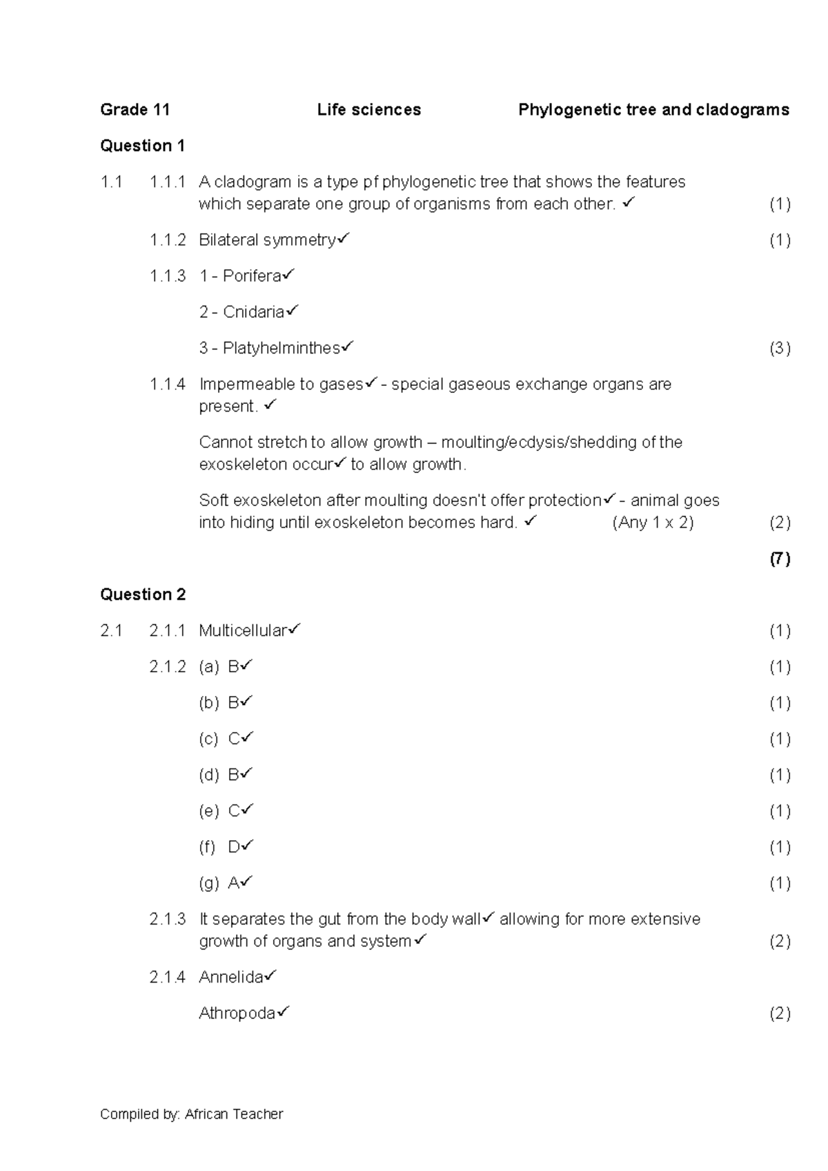 Grade 11 Life Sciences: Phylogenetic Trees & Cladograms Memo - Studocu