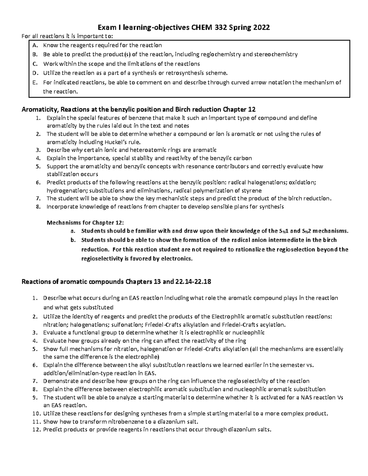 Exam I Learning Objectives for CHEM 332 - Spring 2024 - Studocu
