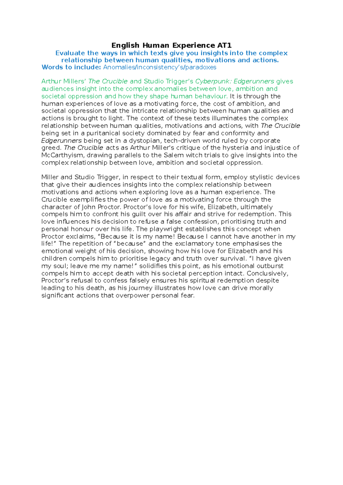 English Human Experience AT1 - English Human Experience AT Evaluate the ...