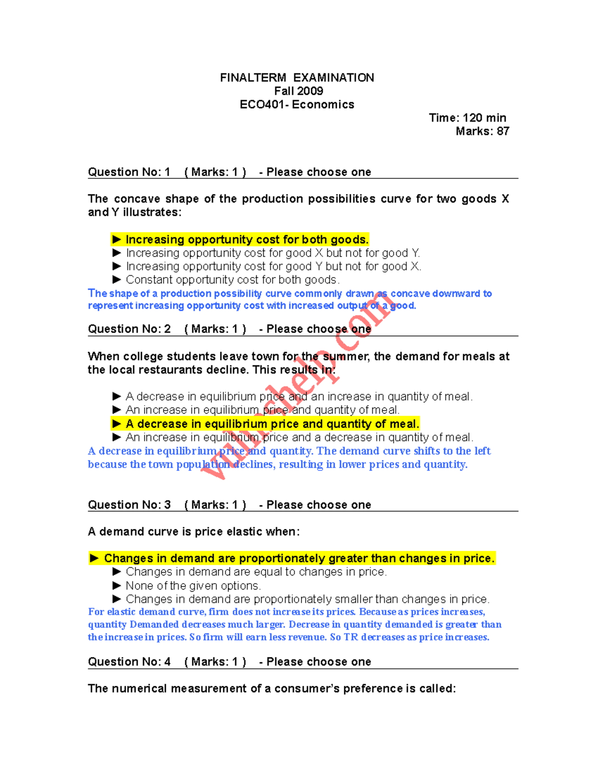 ECO 401 Final Examination Solved Paper - Fall 2009 - Studocu