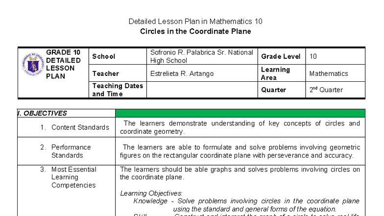 Mathematics 10 Detailed Lesson Plan: Circles in the Coordinate Plane ...