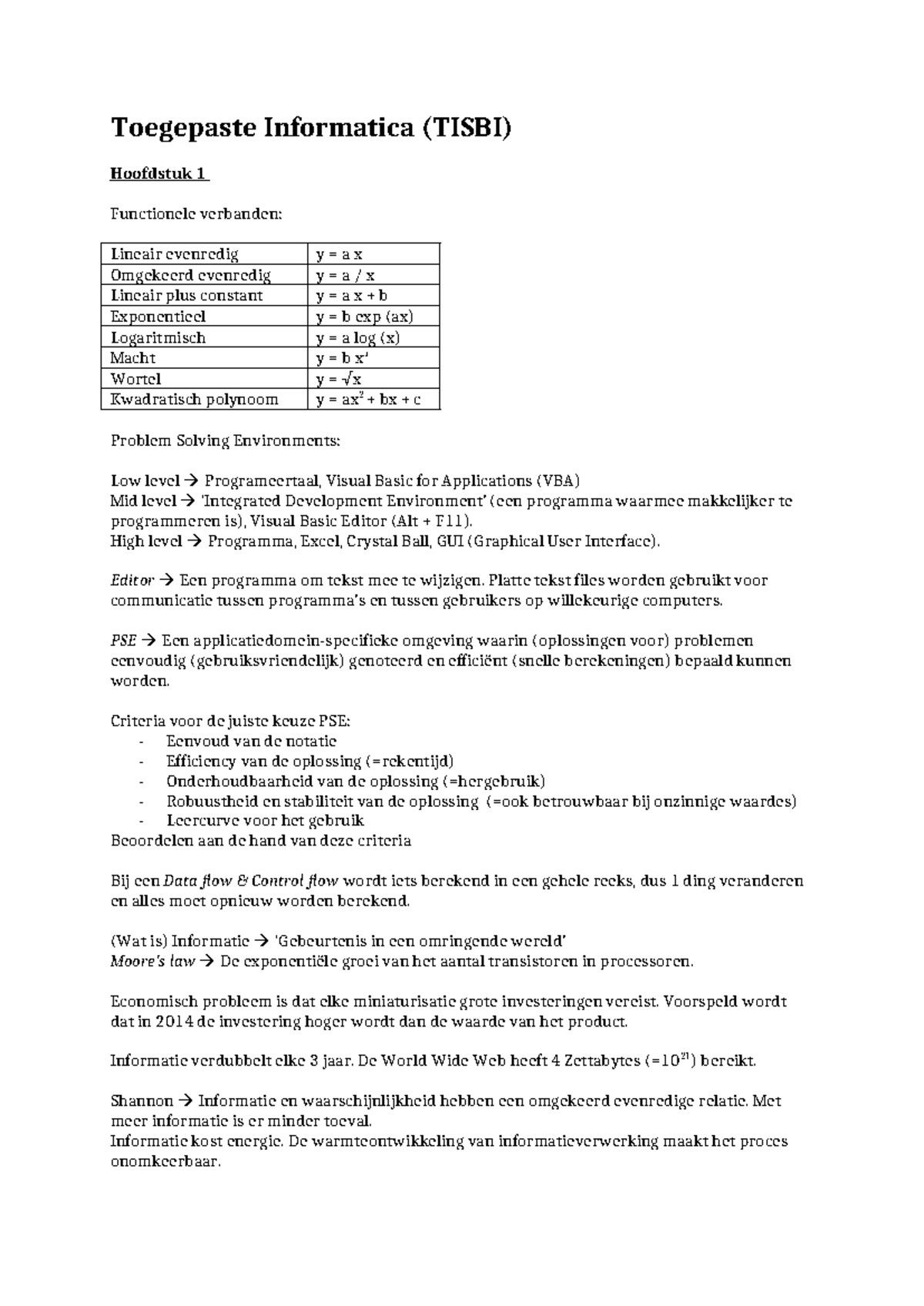 Toegepaste Informatica (TISBI) Hoofdstuk 1-5 Samenvatting en ...