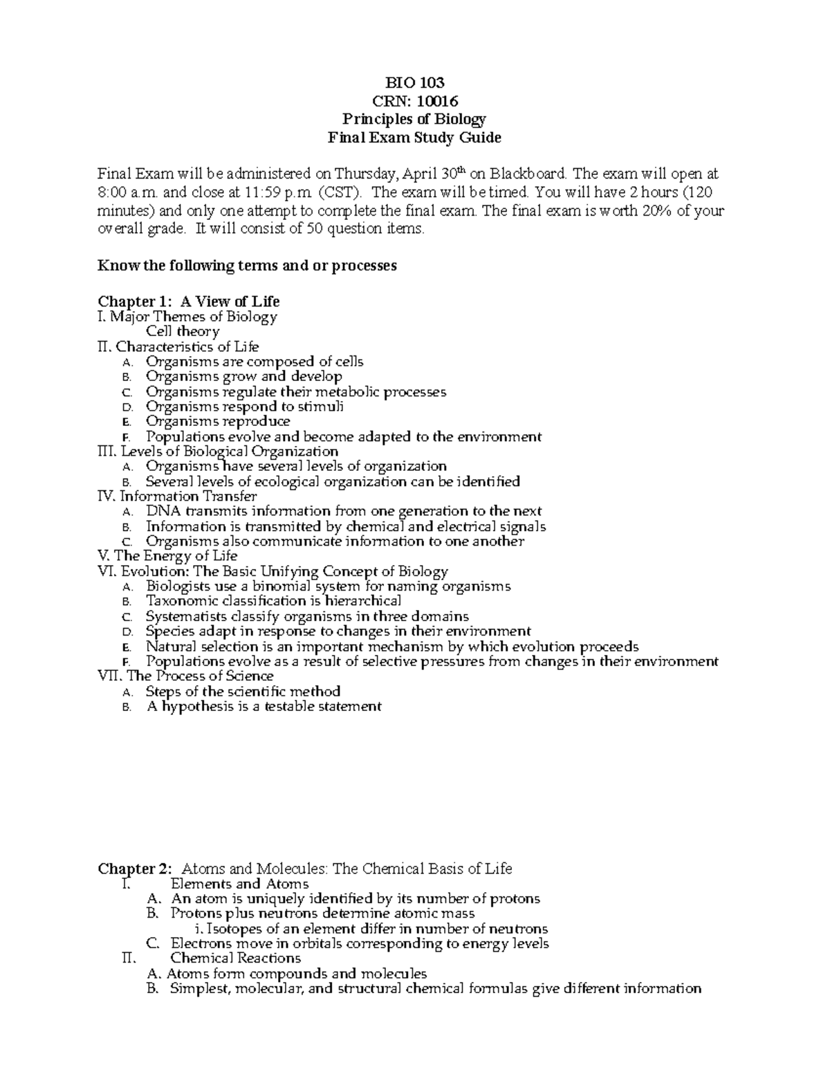 BIO 103 Final Exam Study Guide CRN 10016 - Key Topics & Concepts - Studocu