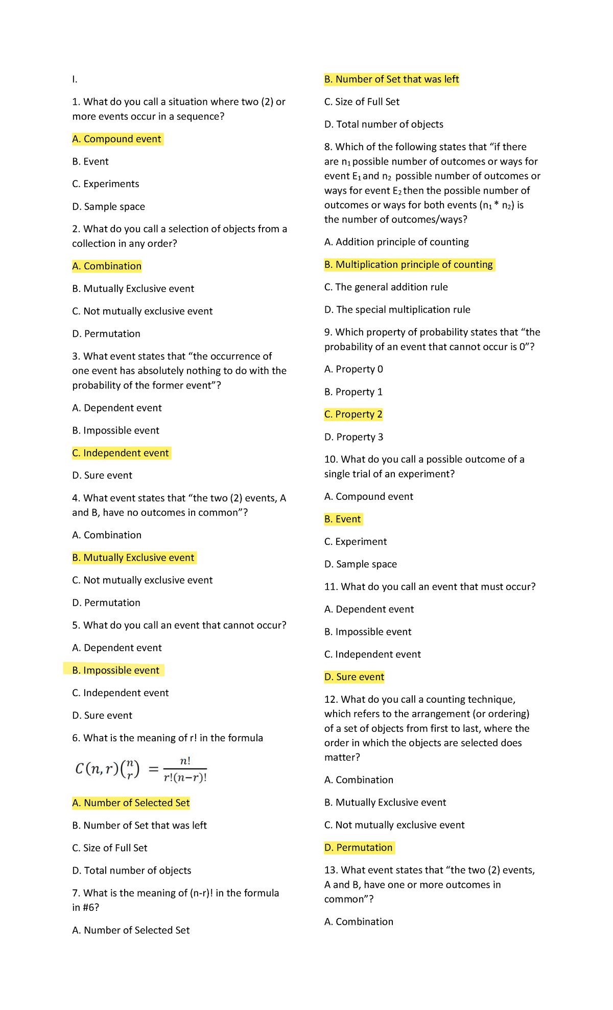 Probability Concepts and Counting Principles - MATH 101 Final Exam ...