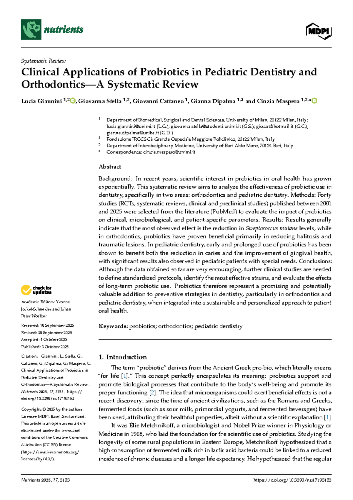 Nutrients 2025: Systematic Review of Probiotics in Pediatric Dentistry ...