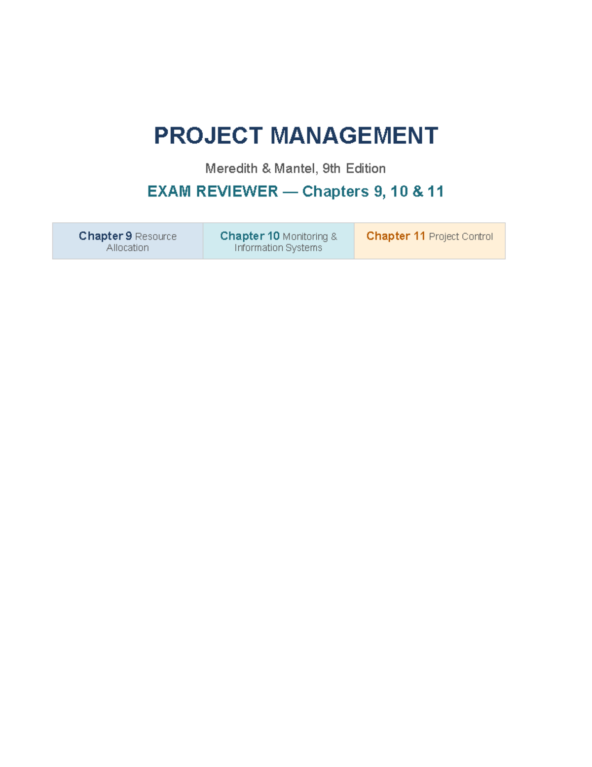 PM 9, 10 & 11: Project Management Exam Reviewer - Studocu