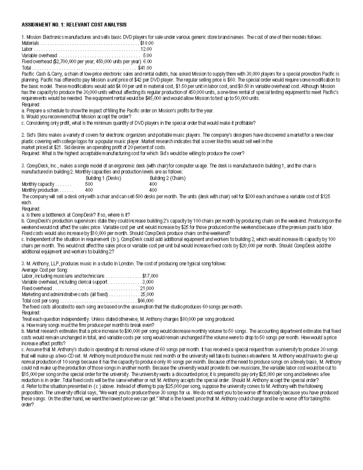 Assignment 1: Relevant Cost Analysis - ACC 101 - Studocu