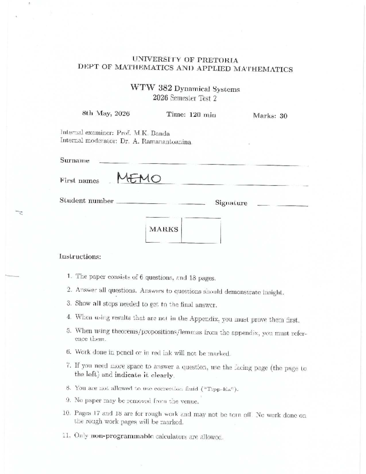 WTW 382 Dynamical Systems 2026 Semester Test 2 Memo - Studocu