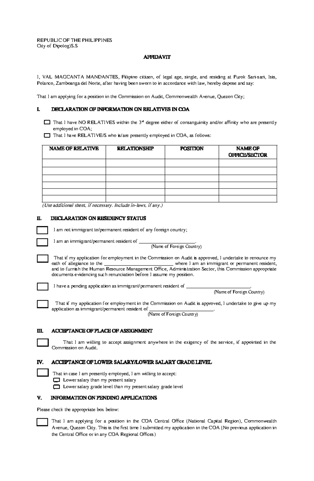 Affidavit for COA Application by Val Magcanta Mandantes - Studocu
