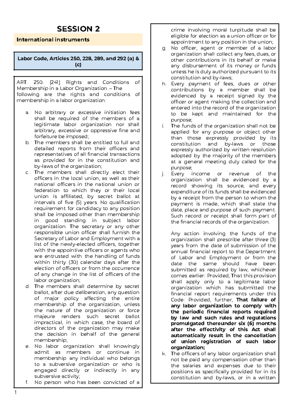 Labor Law 2: International Instruments & Labor Code Articles 250, 228 ...