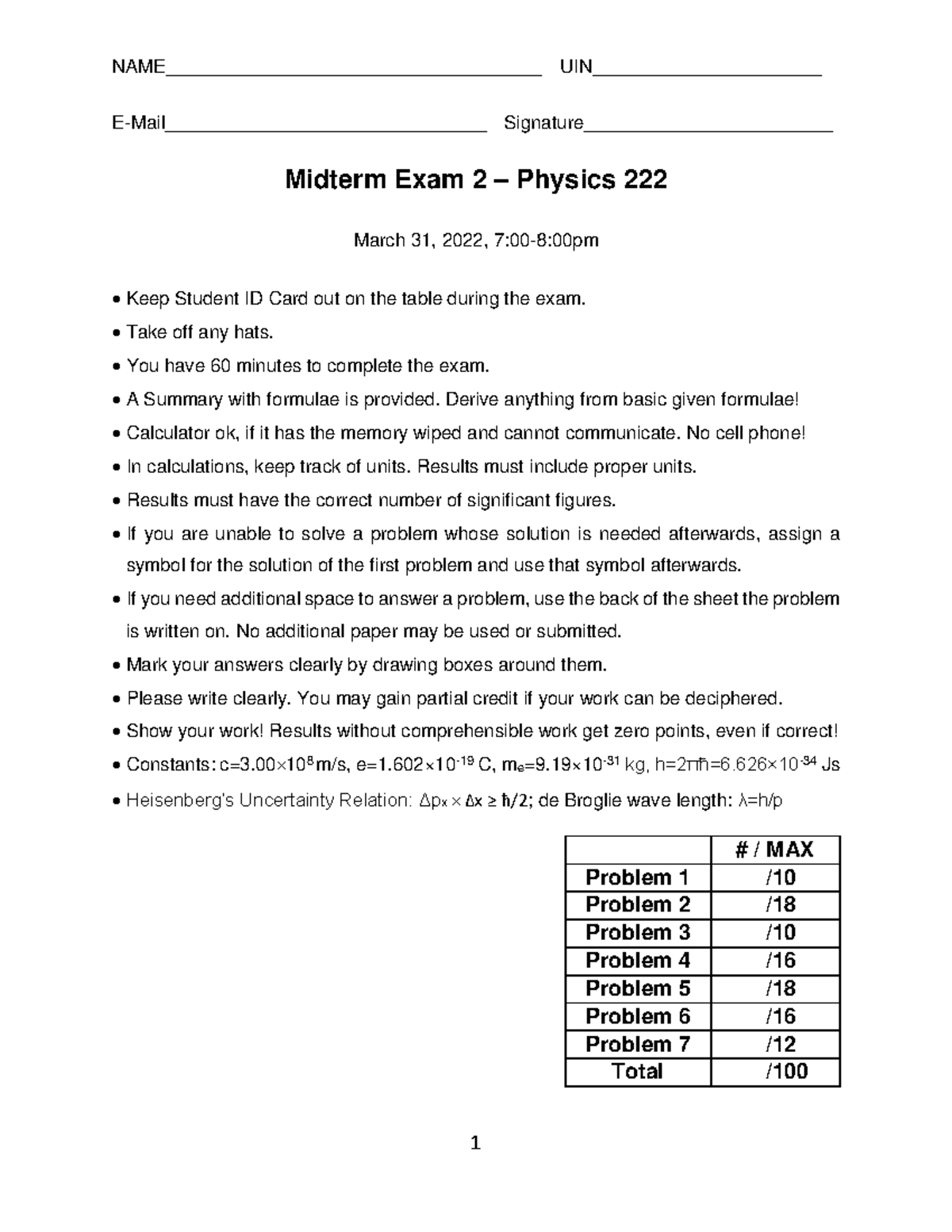 Midterm Exam 2 Solutions for Physics 222 - March 31, 2022 - Studocu