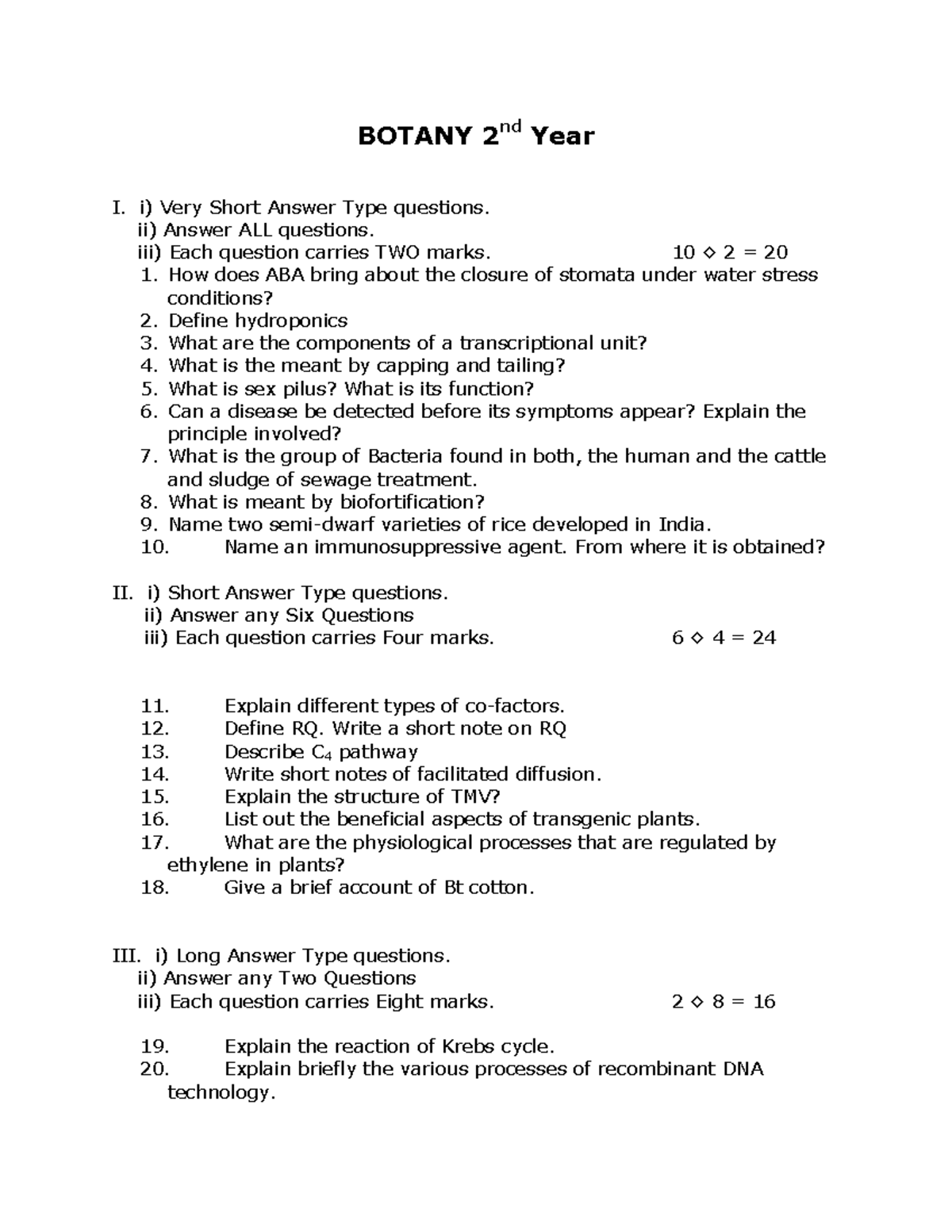 BOTANY 2nd Year: Important Questions for Exam Preparation - Studocu
