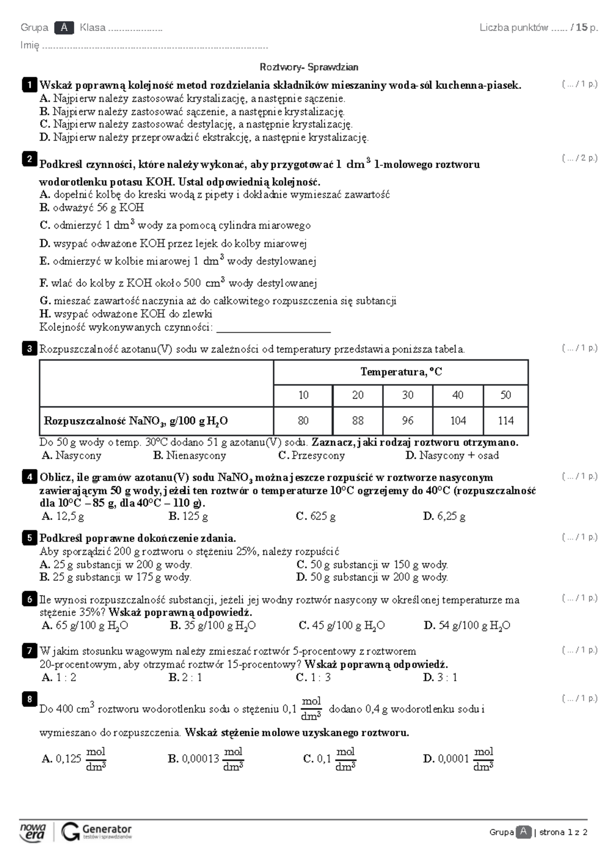 Woda I Roztwory 7 Klasa Sprawdzian www.studocu.com