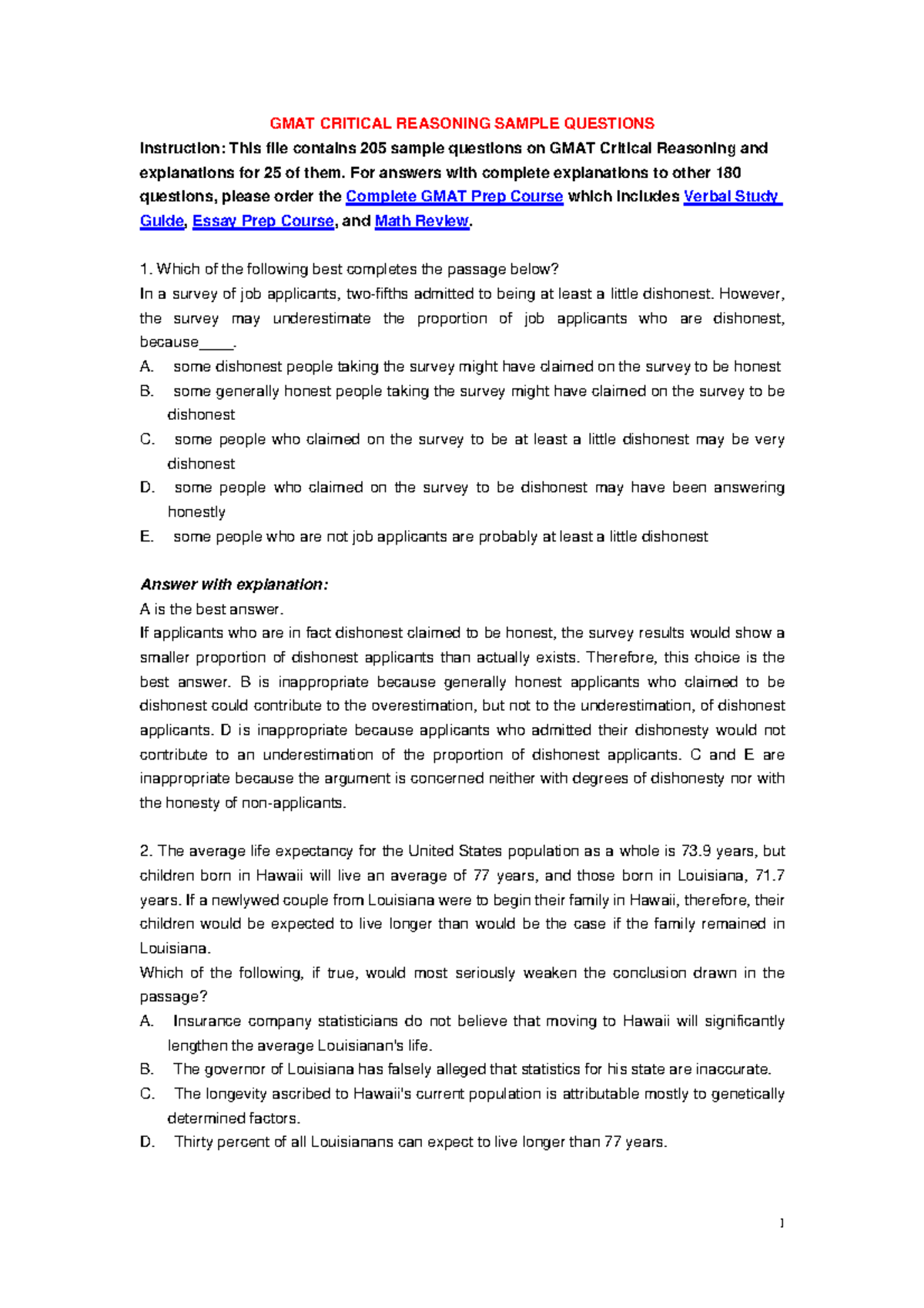 GMAT CRITICAL REASONING SAMPLE QUESTIONS & EXPLANATIONS - Studocu