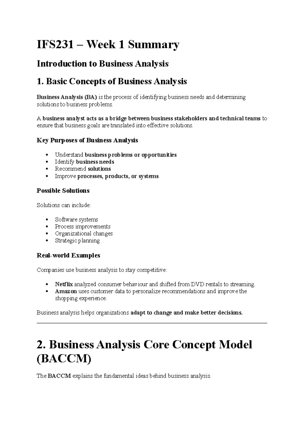 IFS231 Week 1 Summary: Intro to Business Analysis Concepts - Studocu