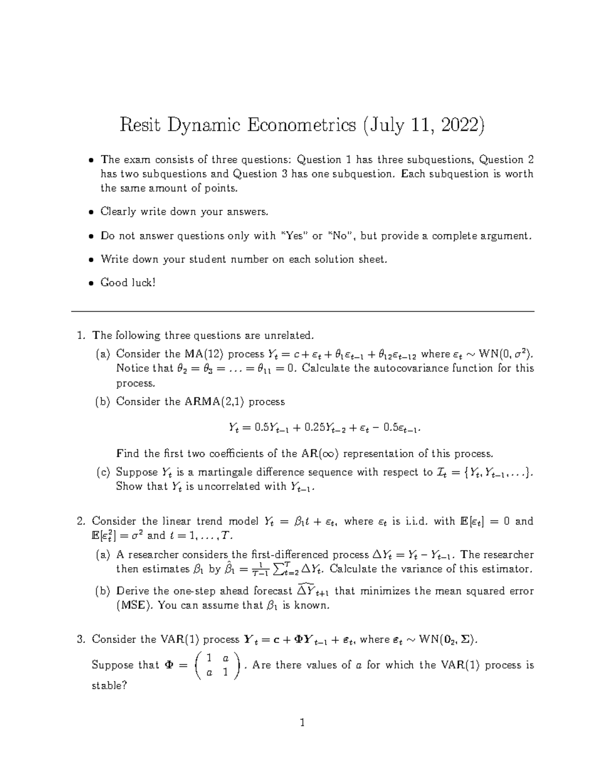 2022R-DE - Resit Exam in Dynamic Econometrics: Practice Questions ...