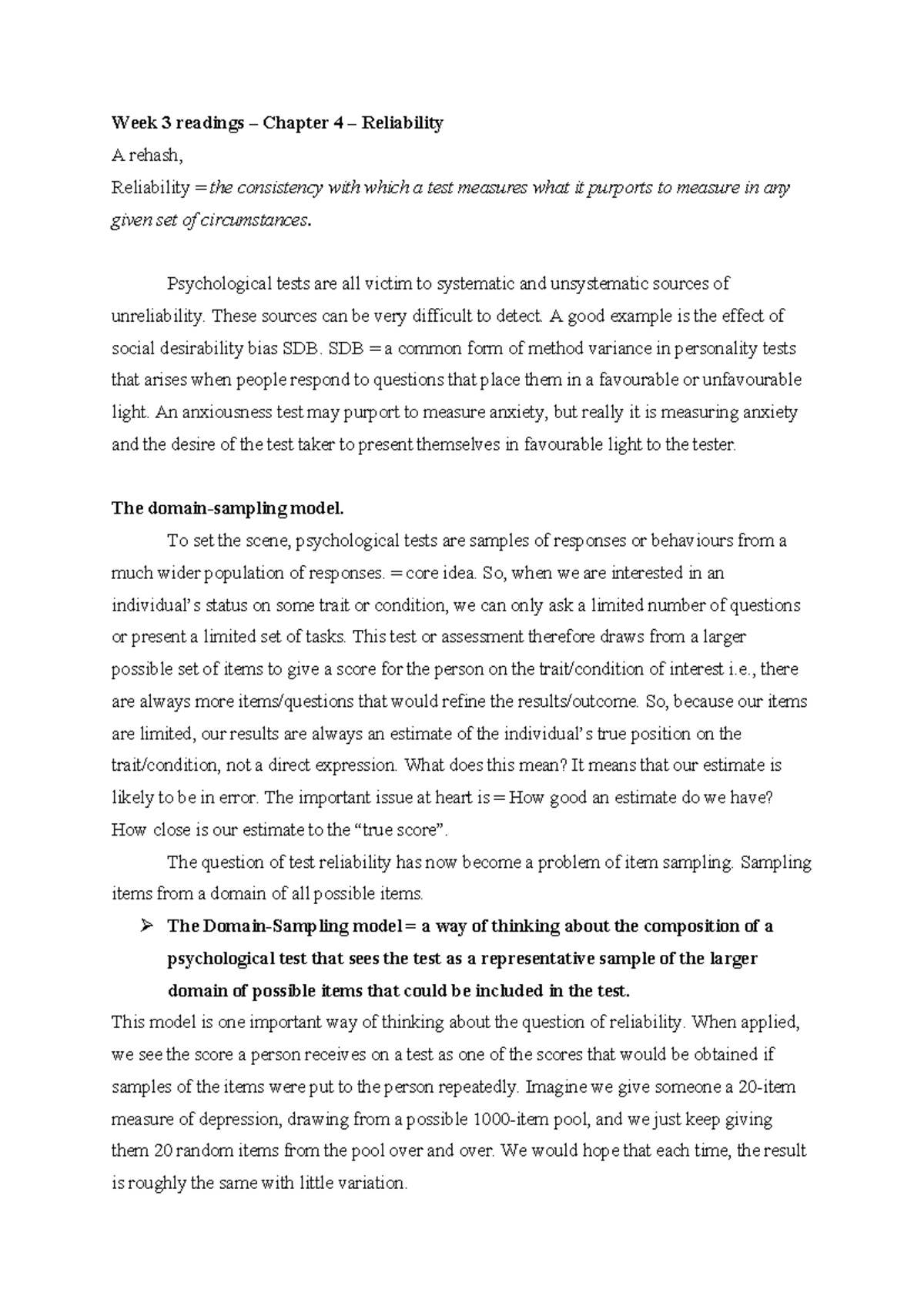 Week 3 Chapter Notes: Understanding Reliability in Psychological ...