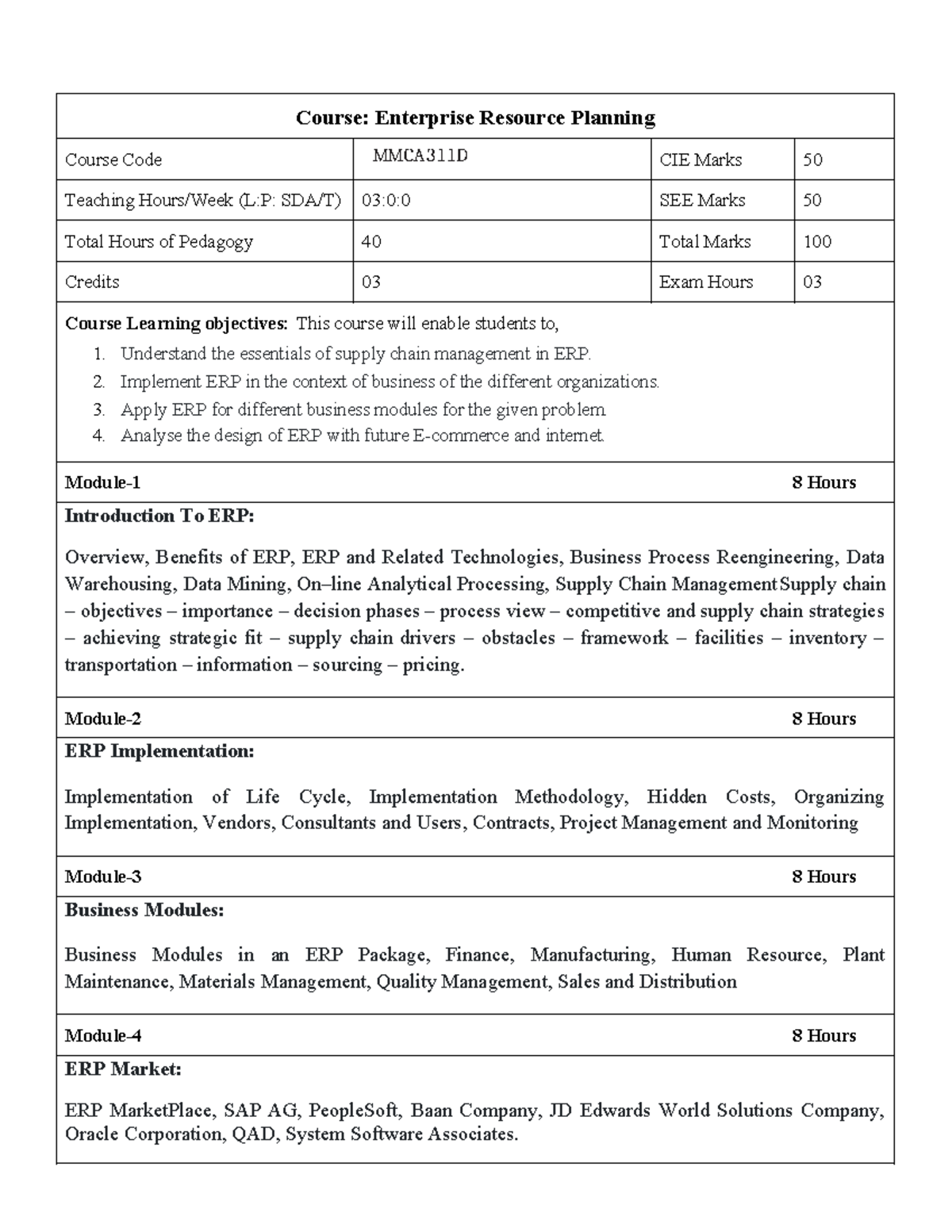 Syllabus for Enterprise Resource Planning (MMCA311D) Course Overview ...