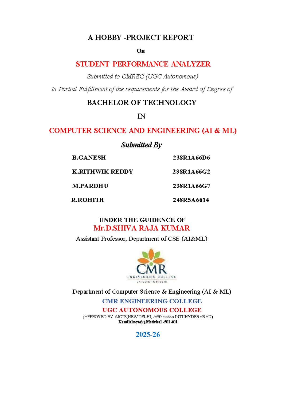 Student Performance Analyzer Project Report (B.Tech CSE AI ML) - Studocu