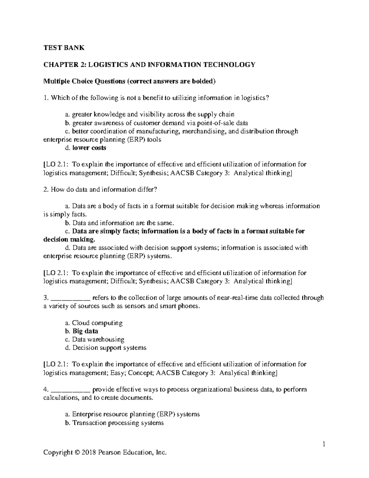 Chapter 2: Logistics and Information Tech - Test Bank Questions - Studocu
