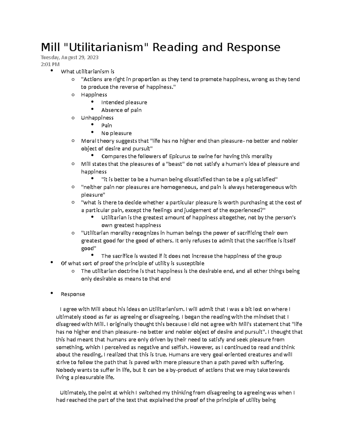 PHL 100- Mill Reading Response - Mill "Utilitarianism" Reading and