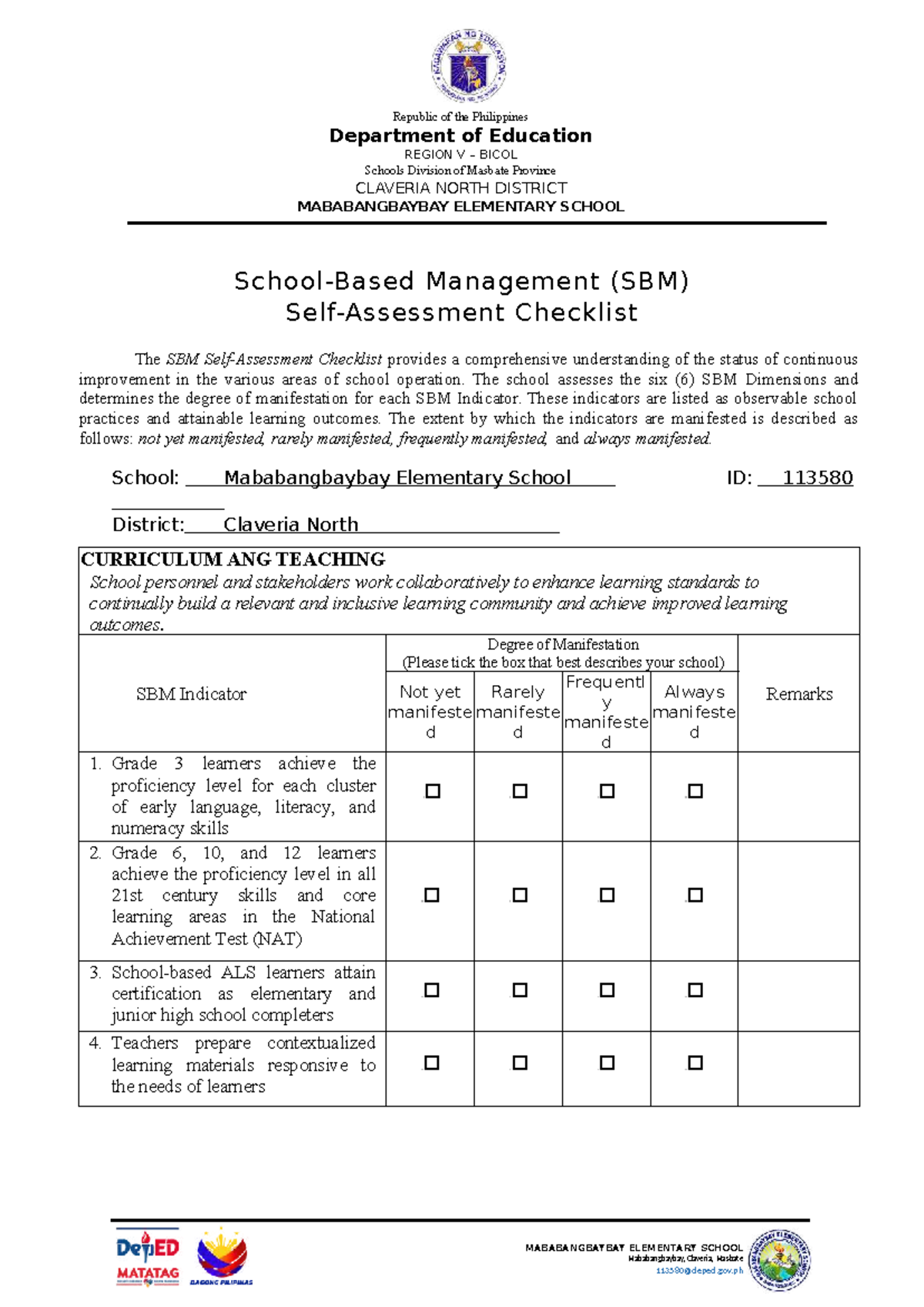 SBM Checklist for Mababangbaybay Elementary School (Region V) - Studocu