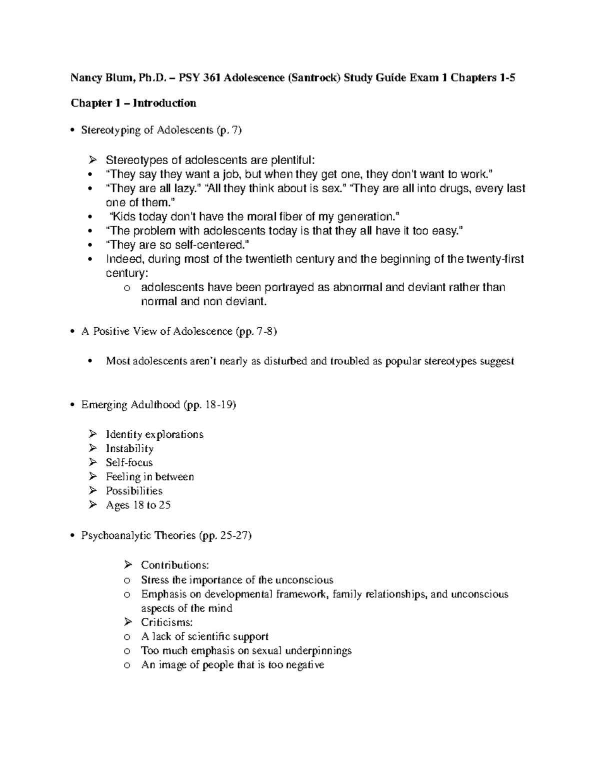 PSY 361 Adolescence Study Guide: Key Concepts for Exam 1 - Studocu