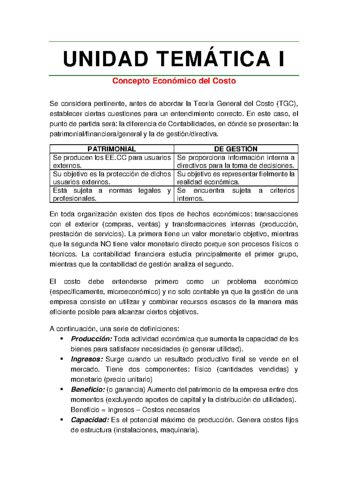 Unidad Temática I: Concepto Económico del Costo y Teoría General del ...