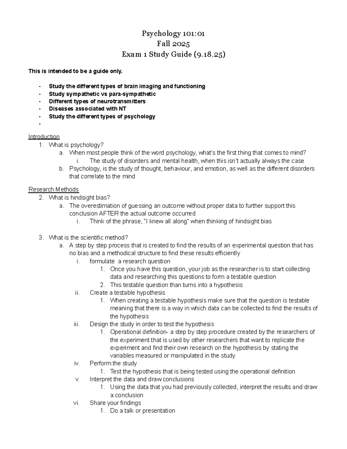 Psychology 101:01 Fall 2025 Exam 1 Comprehensive Study Guide - Studocu