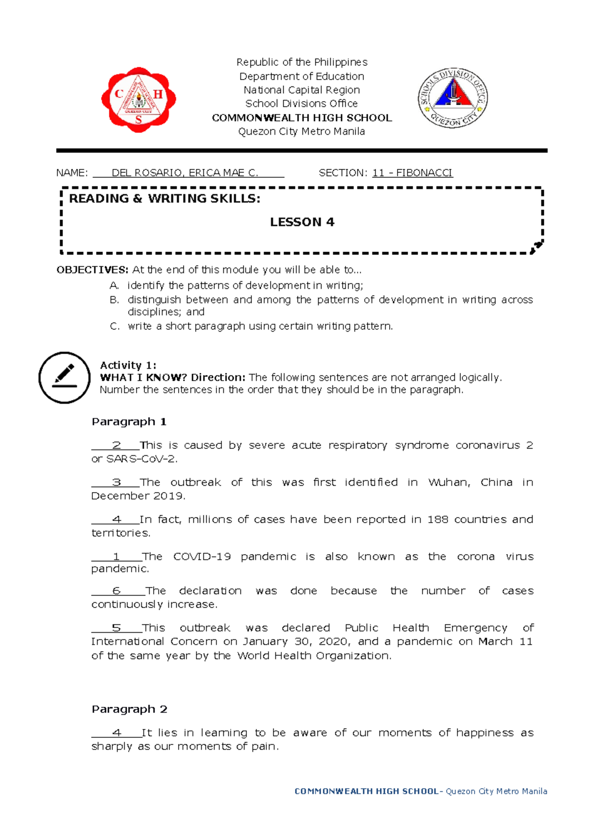 Module Lesson 4. Patterns of Development in Writing Analysis - Studocu