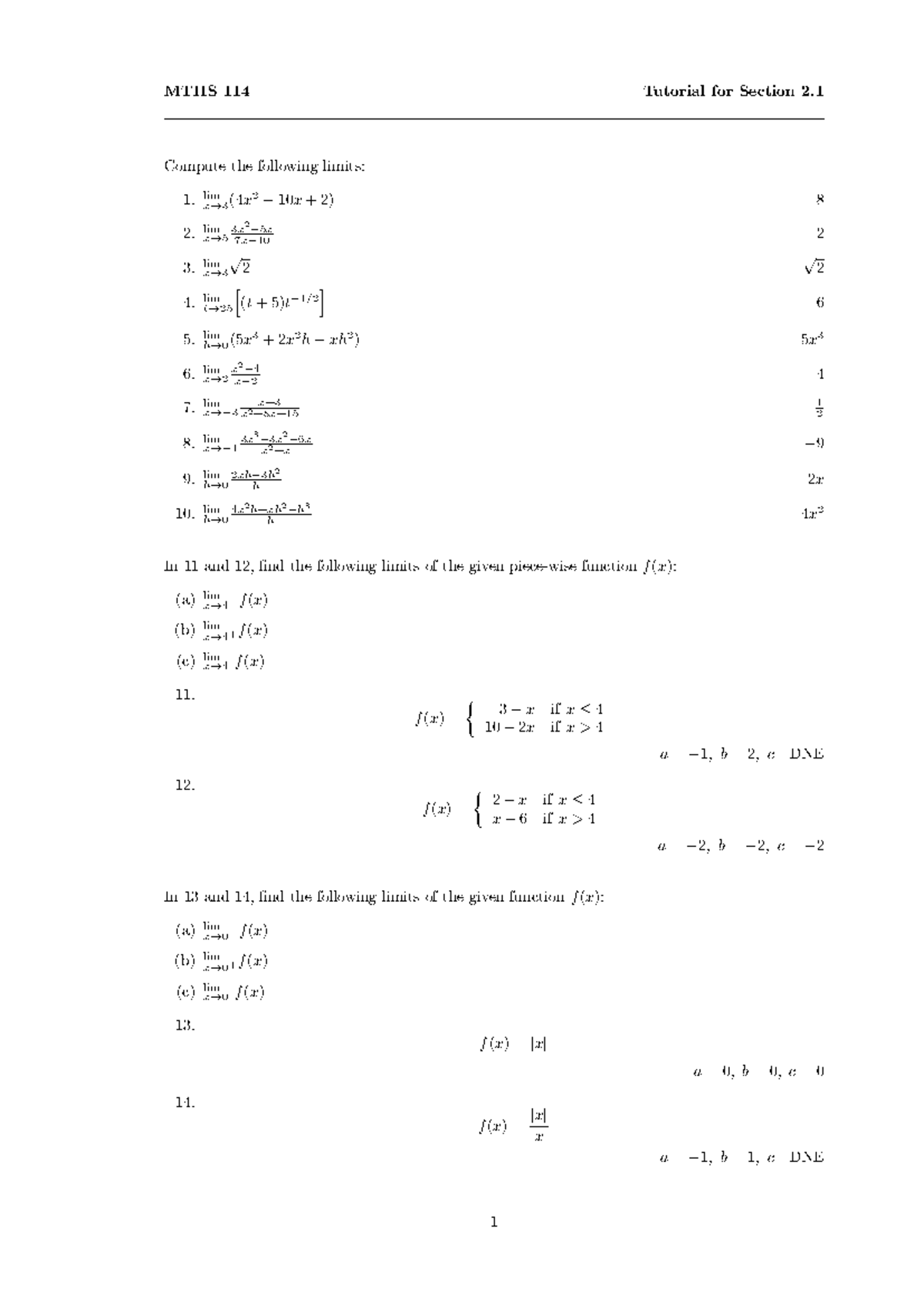 MTHS 114 - Tutorial Questions for Section 2.1 Limits - Studocu