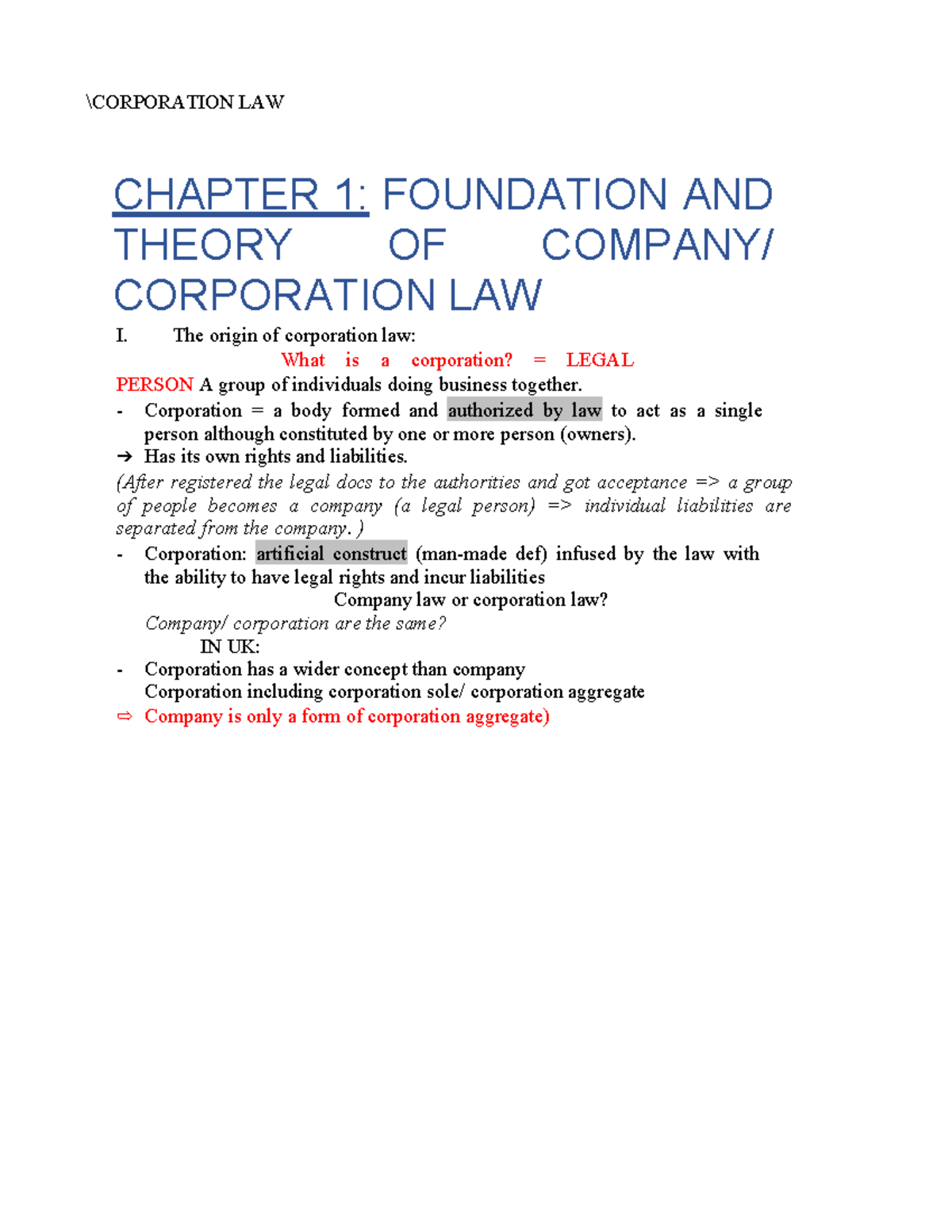 LAW 101: Foundation and Theory of Corporation Law Overview - Studocu