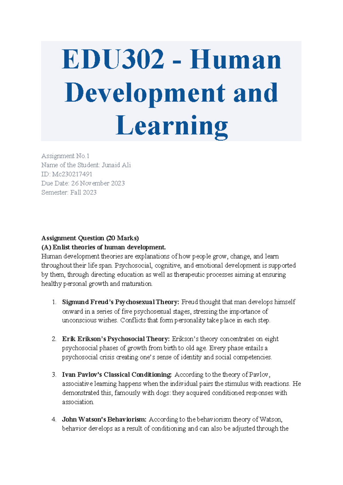 Fall 2023 EDU302 - Theories of Human Development & Learning Concepts ...